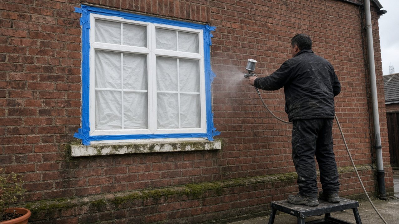 Pro Spray UPVC technician spraying a masked window frame on a red-brick house